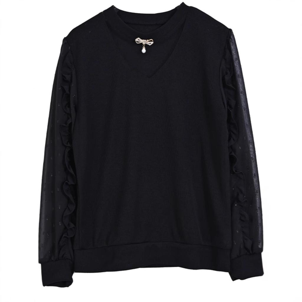 Schwarzes Unterhemd für Damen Langärmlig Winter Neu Hochwertig Modisch Hemd mit Chiffon-Oberteil