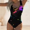Women Plus Size Black Rainbow Splash Printed Scoop Neck Wide Straps High Cut One Piece Swimsuit