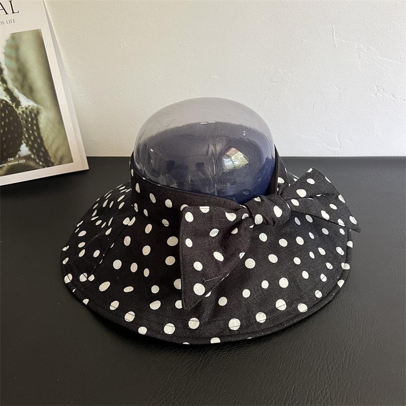 Japanischer Stil Polka Dot Leinen Breiter Rand Sonnenhut Damen UV-Schutz Faltbar Leere Oberseite Gesichtsschutz Kappe Outdoor Sommer Sonnenschutz