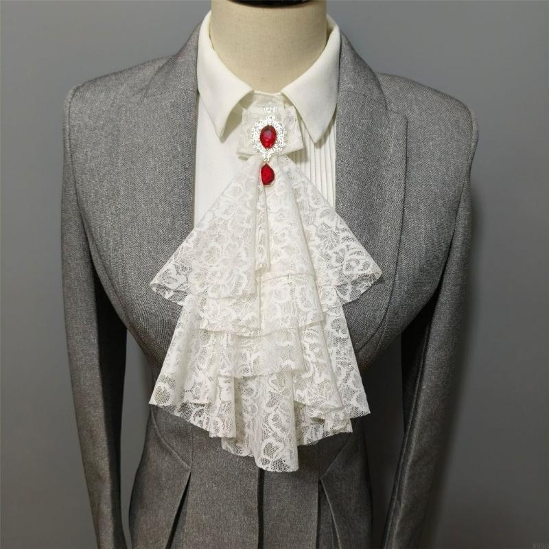 Rhinestones Ruffled Lace Jabot Victorian Renaissances Detachable Faux Collar for Themed Gatherings and Theatrical Wear