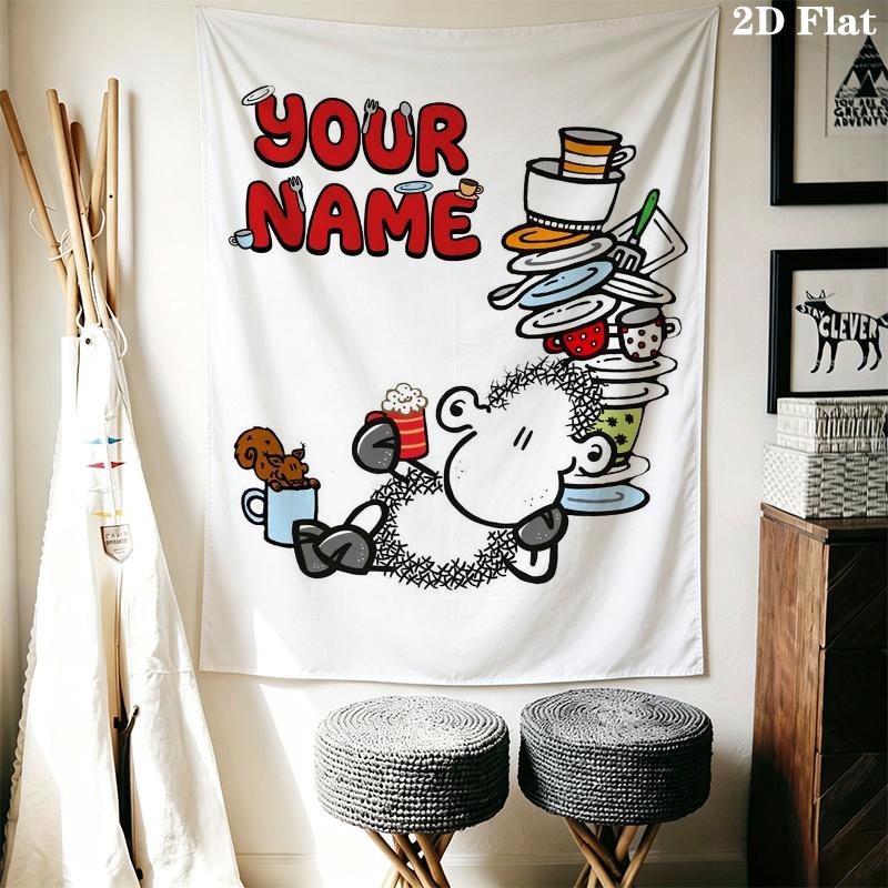 Custom Name sheepworld Wall Tapestry Aesthetic Wall Hanging Printed Fabric Blanket Decorative Tapestries for Bedroom Living Room Home Decor