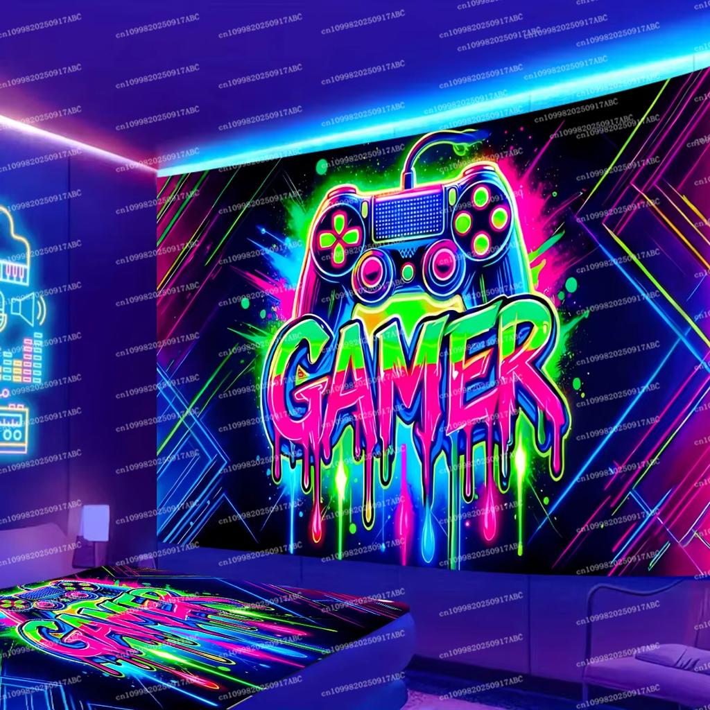 Gaming Controller Wall Tapestry, Neon Graffiti Art, Vibrant Room Decor For Gamers & Tech Lovers