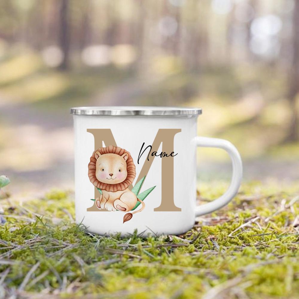 Personalized Mug for Kids Custom Deer Lion Initial with Name Cup for Boys Girls Child Handle Mugs Birthday Festive Gifts for Kid