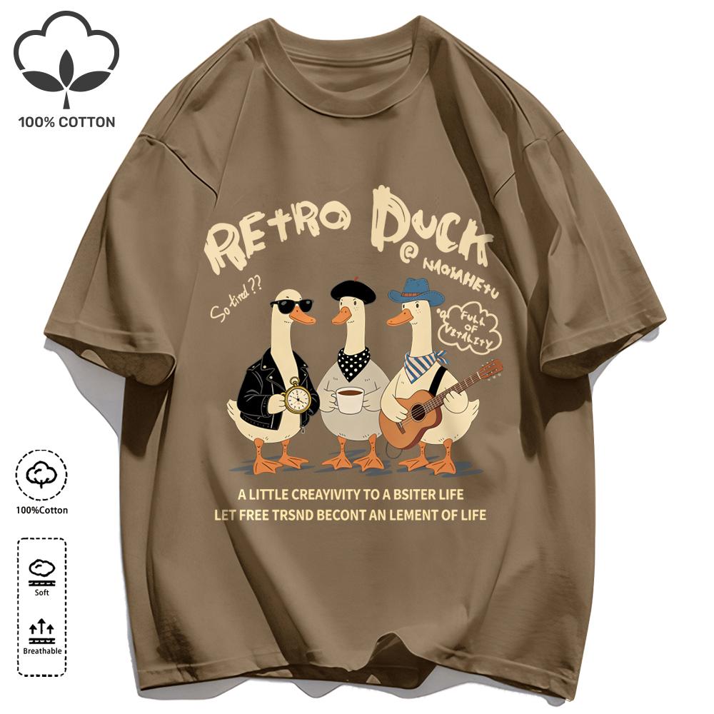 Retro Duck With Free Time T Shirt Unisex Fashion All-Match Basics Streetwear O-Neck Cotton Clothing Unisex Summer Loose Tee