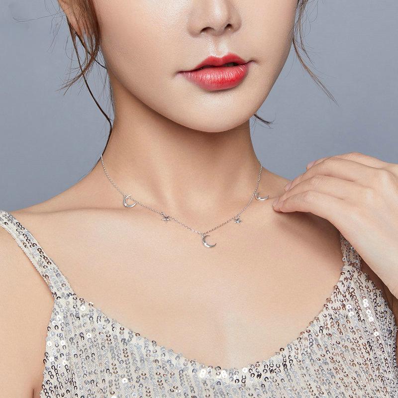 Sterling Silver 925 Moon & Star Pendant Necklace for Women Chain Necklaces Jewelry