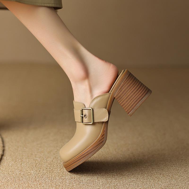 

Гигантские и тонкие~ Пряжка ремня голова дракона женская летняя обувь 2025 новый высокий толстый каблук полушлепанцы 40 абрикосовый