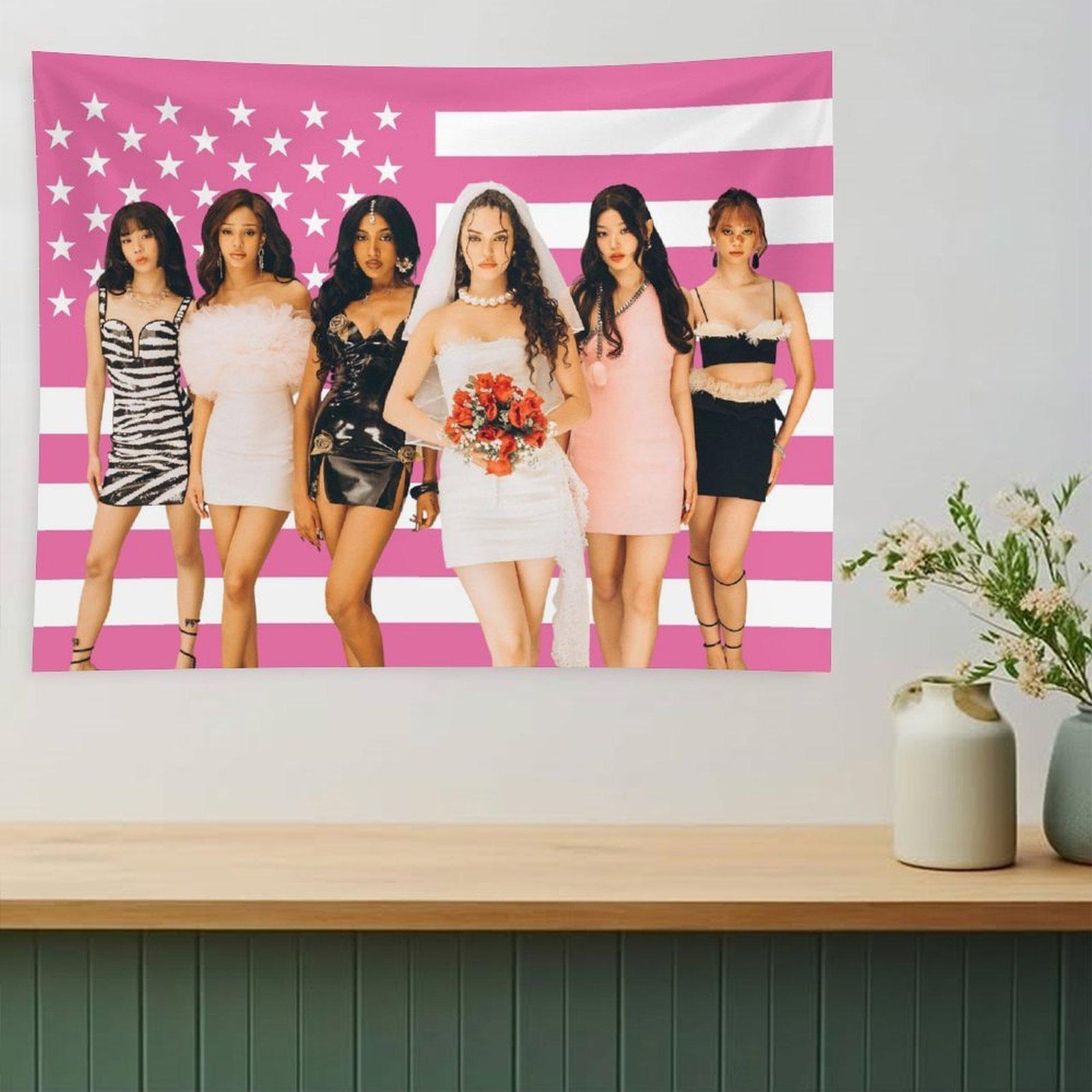 Katseye Kpop Girls Tapestry Pink Flag Member Portraits Wall Hanging For Dorm Bedroom Office Decor 74x94cm(29x37in)