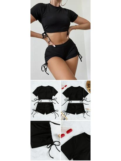 Bikini de sport uni à manches courtes lacé européen et américain 2024 pour femmes