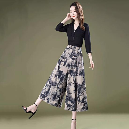 Pantalones de falda para mujer, estampado retro, pierna ancha, sueltos, elásticos, cintura alta, entrepierna profunda, falda falsa de una línea, longitud del tobillo, pantalones novenos, pantalones para madre de mujer de mediana edad