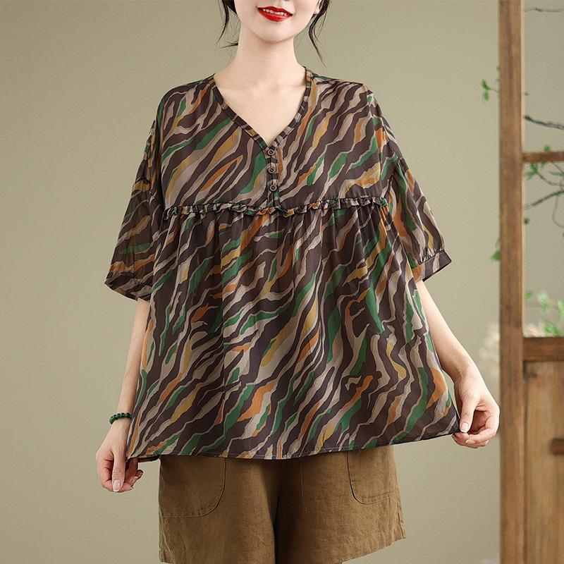 

Dimanaf 2025 Лето Плюс Размер Женская Винтажная Футболка Базовая Новая Мода Топы С V-образным Вырезом Футболки Повседневные Свободные Макси XL коричневый