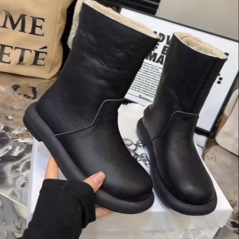 Winter New Pure Leather Women's Flat Two-Way Snow Boots with Fleece Short Boots