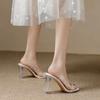 French rhinestone premium transparent crystal heel sandals women's word with thick heels slippers high heels wear sandals