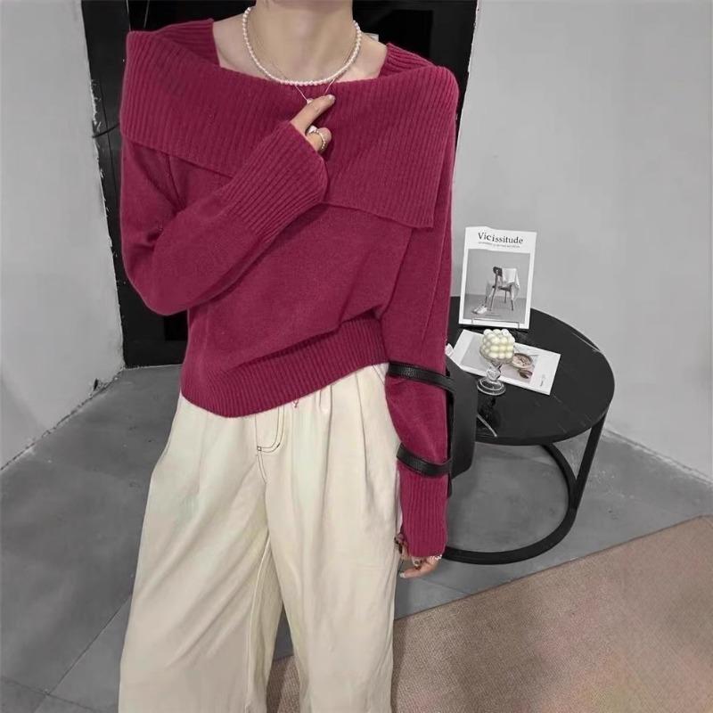 Design sense one-word shoulder thin knitted bottoming shirt women's autumn and winter new fashion solid color inner pullover sweater