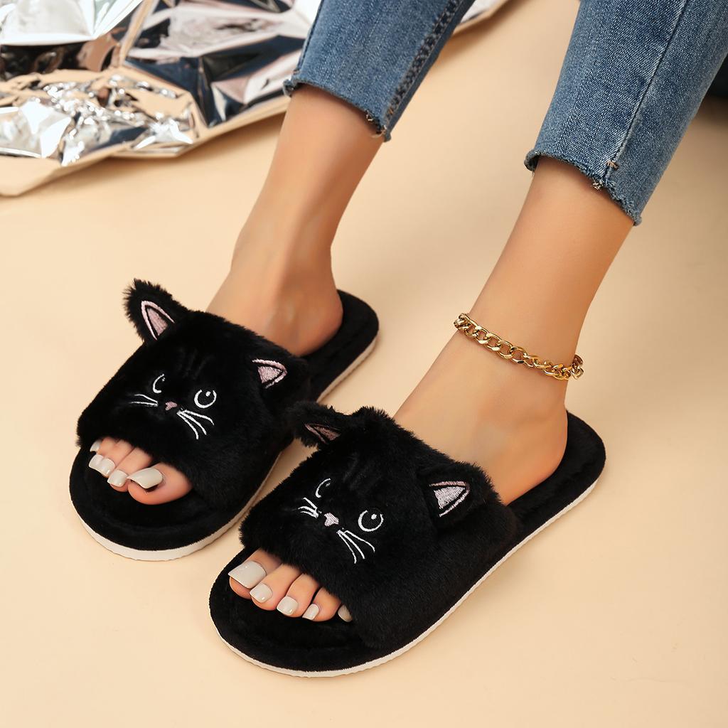 Casual Fluffy Slippers Women Home Flat Cat Cartoon Luxury Designer Shoes Girls Autumn Elegant Indoor Fashion Footwear Large Size