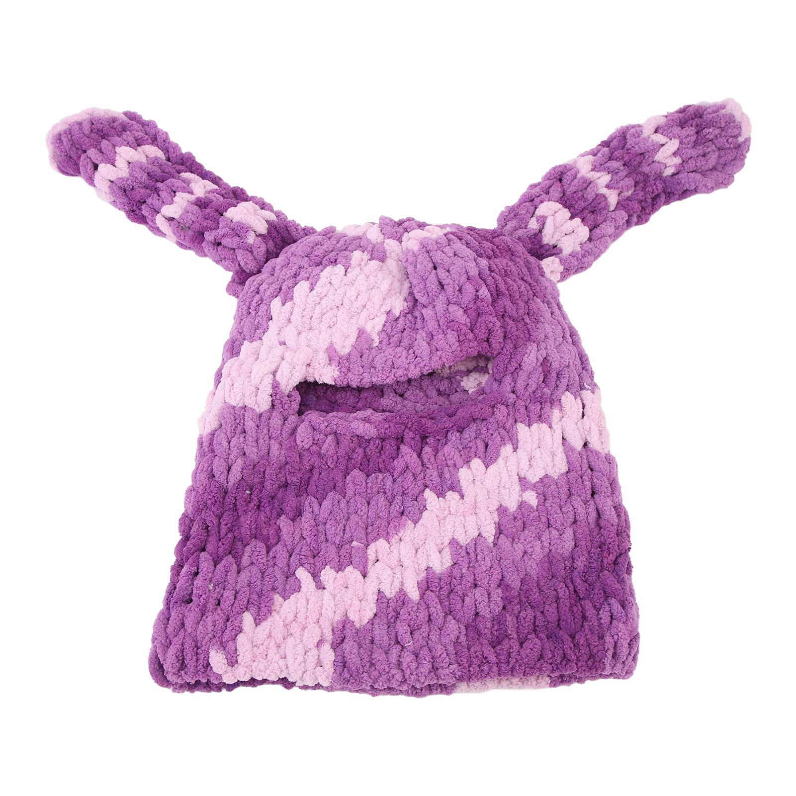 

Bunny Ear Knitted Hat Purple Warm Windproof Thicken Stretchy Stylish Long Ears Woven Hat for Autumn Winter
