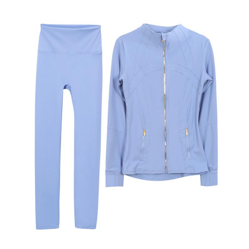 Lulu Original Yoga Anzug: Schnelltrocknendes Set mit Stehkragenjacke & Elastischer Neun-Punkt-Hose, Goldener Reißverschluss.