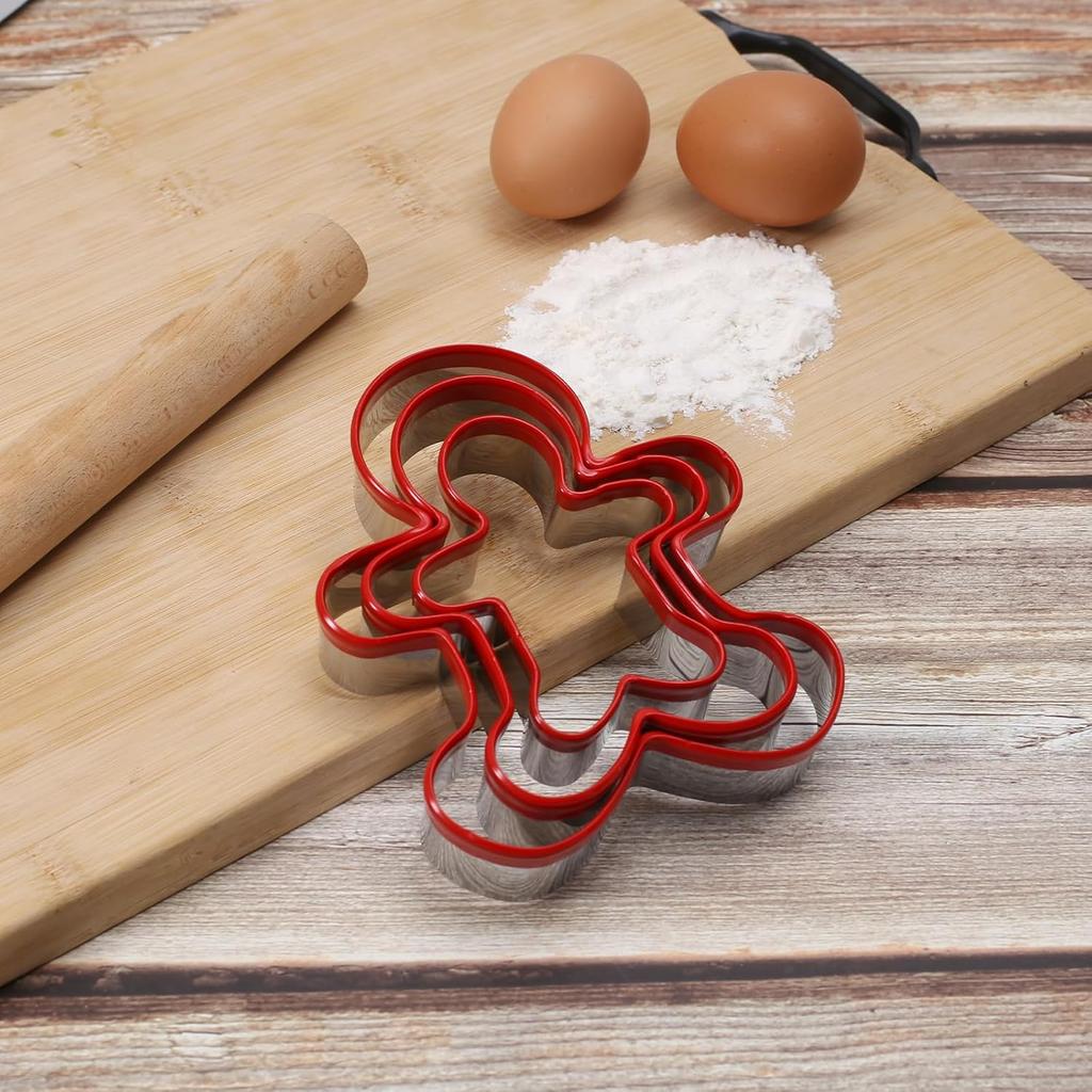 Gingerbread Man Cookie Mould Set of 3 Stainless Steel Silver Red Coated Christmas Baking Tools