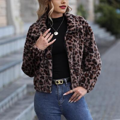 Dámska plyšová bunda s leopardím vzorom, voľným zipsom, dlhým rukávom, jeseň a zima