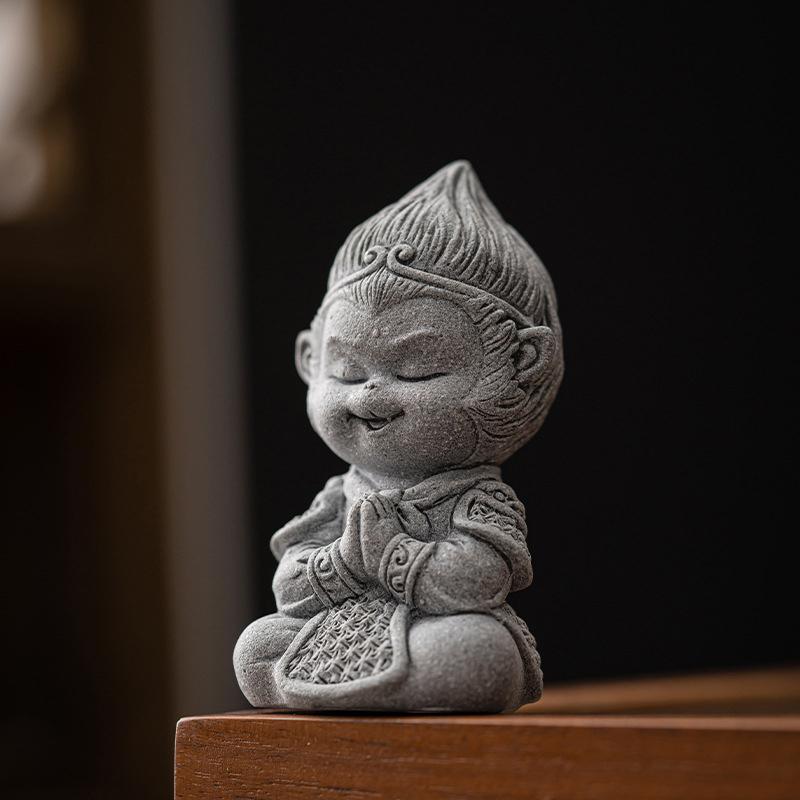 Sunwukong Sandstone Sitting Monkey Buddha Statue Monkey Figure Ornament Collectible Desktop Decoration Tea Pet Indoor Outdoor