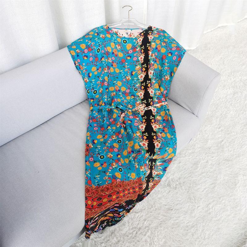 Blue Floral Silk Dress Women's Summer Mulberry Silk Skirt New Arrival Round Neck Dress Elegant Slim Fit Skirt