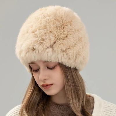Rabbit Hair Hat Women's Winter Versatile Warm Ear Protection Real Hair Bag Head Hat Shows Small Face Thickened Fur Knitted Fur Hat