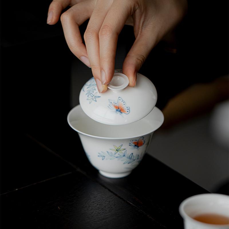 Pure Hand Painted Butterfly Flowers Jade Porcelain Gaiwan Chinese White Tureen Tea Bowl Kung Fu Tea Chawan Tea Cups Tea Ceremony
