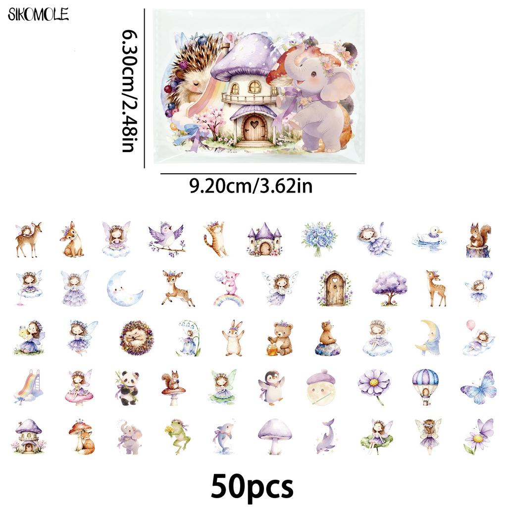 50PCS Purple Dreamy Stickers Cute Cartoon Waterproof Transparent PET Sticker DIY Scrapbooking Journal Decoration Accessories