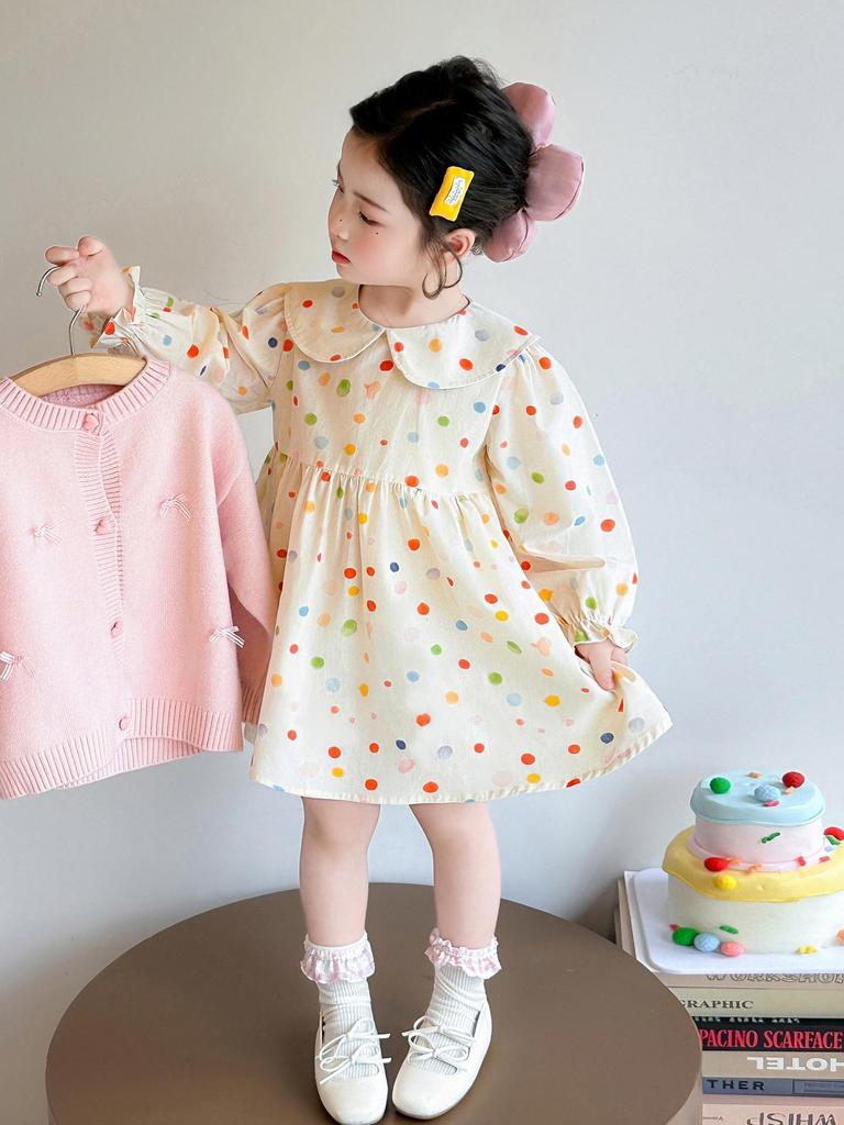 Girls' Polka Dot Doll Collar Knit Dress & Cardigan Set - Spring/Autumn Two-Piece Outfit