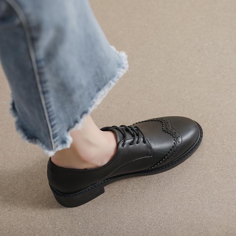 Mocasini de damă din toamna 2025 în stil britanic din piele naturală - fund plat negru, toc mijlociu, pantofi cu vârf moale