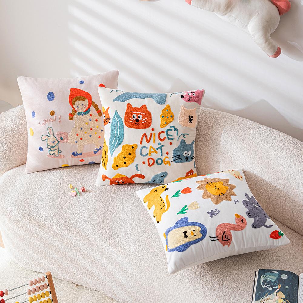 Line Cute Cushion Cover Zoo Print Baby Embroidered Durable Pillow Cases Mid Century Aesthetic Modern Boho For Kids Bedding
