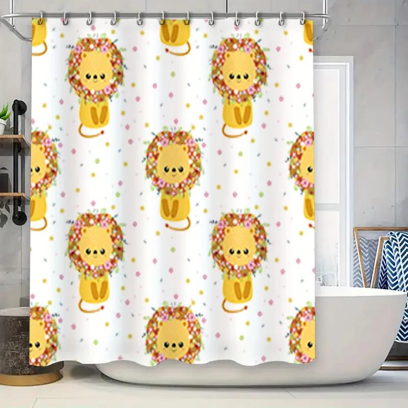 

Cute Animal Shower Curtain Yellow Lion With Flower Crown Pattern For Bathroom Decor White Fabric Waterproof Bath Liner (180X240C W60H190(CM)-1 Pcs