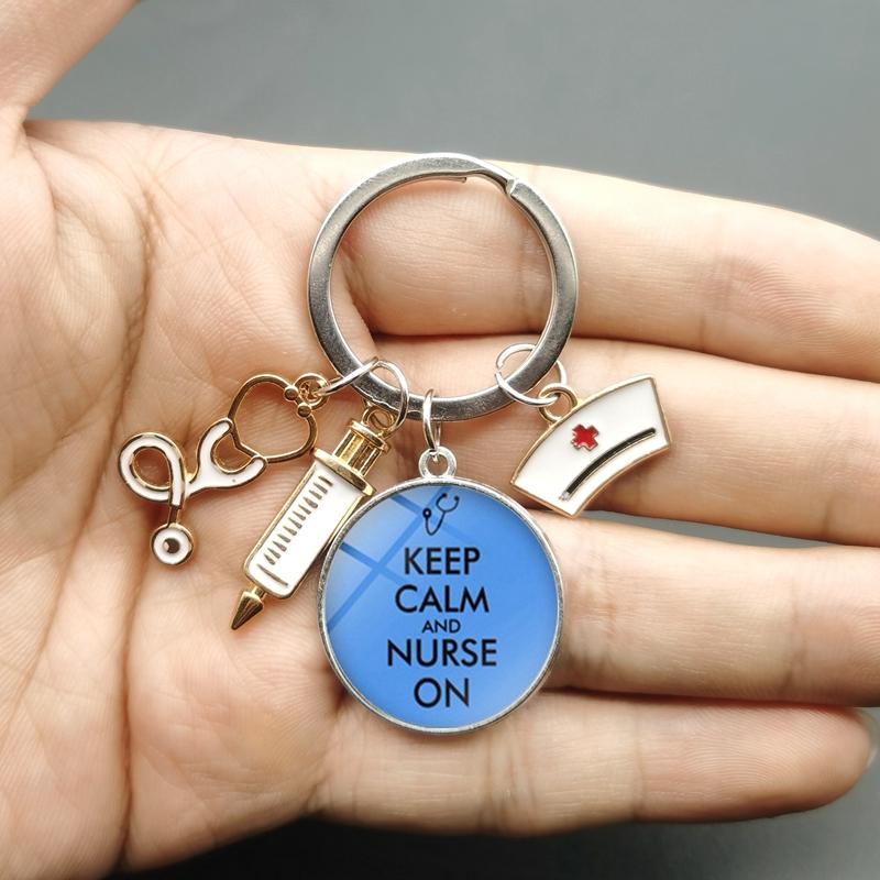 Paint Fashion Creative Nurse Medical Syringe Stethoscope Image Keychain Glass Suitable Nurses and Doctors Key Ring Pendant Gift