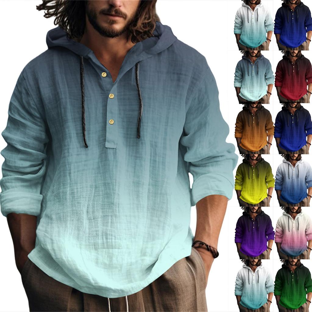 Camicia da Uomo Stampata in Cotone e Lino con Cappuccio a Maniche Lunghe con Cappuccio Primavera ed Estate Casual da Indossare Tutti i Giorni