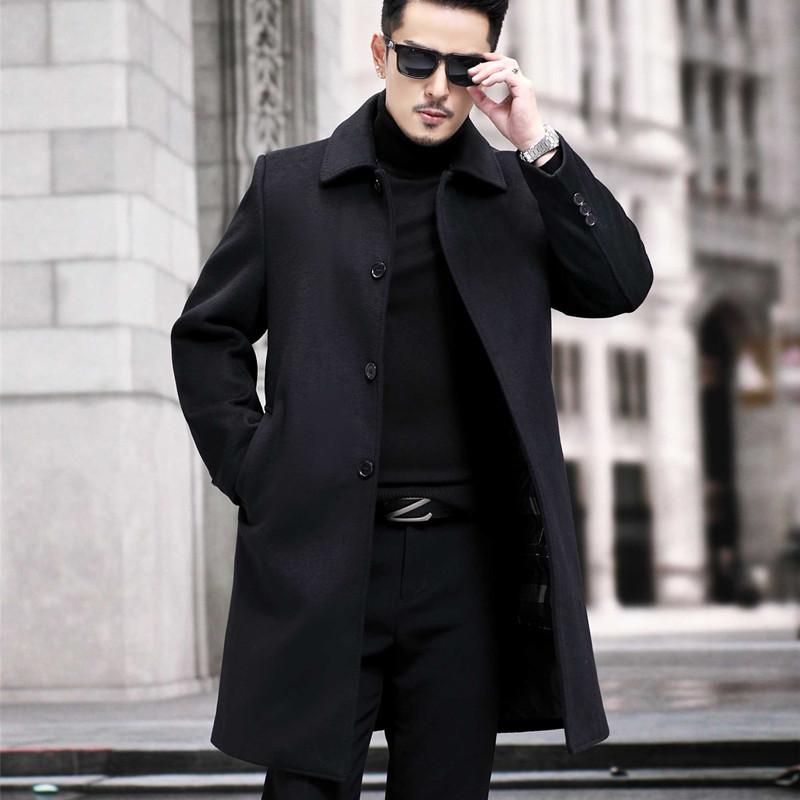 New winter men's cashmere coat, mid-length woolen down lining lapel coat, thickened woolen windbreaker
