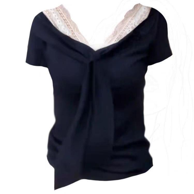 French V-Neck Lace Splicing Bow Strap Short Sleeve T-Shirt Women's Summer Niche Slim Bottom Top