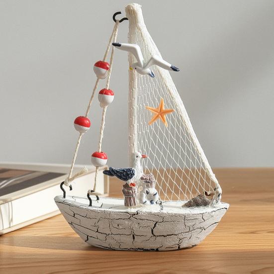 Nautical Wooden Sailboat Models Coastal Beach Style Blue White Ship Tabletop Figurine for Home Living Room Office Farmhouse Decor