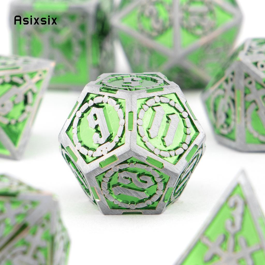 7 Pcs Green Silver Double Swords Metal Dice Solid Polyhedral Dice Set Suitable for Role-Playing RPG   Pathfinder Board Game
