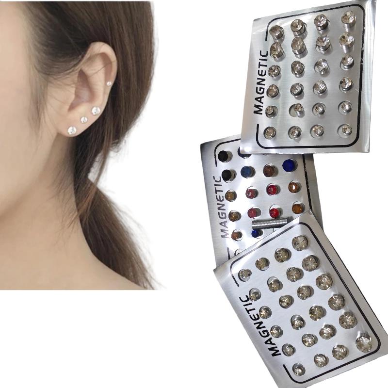 Magnetic Fake Earring Studs No Piercing Round Classic Crystal 4/5/6MM for Business Casual Occasion Wear
