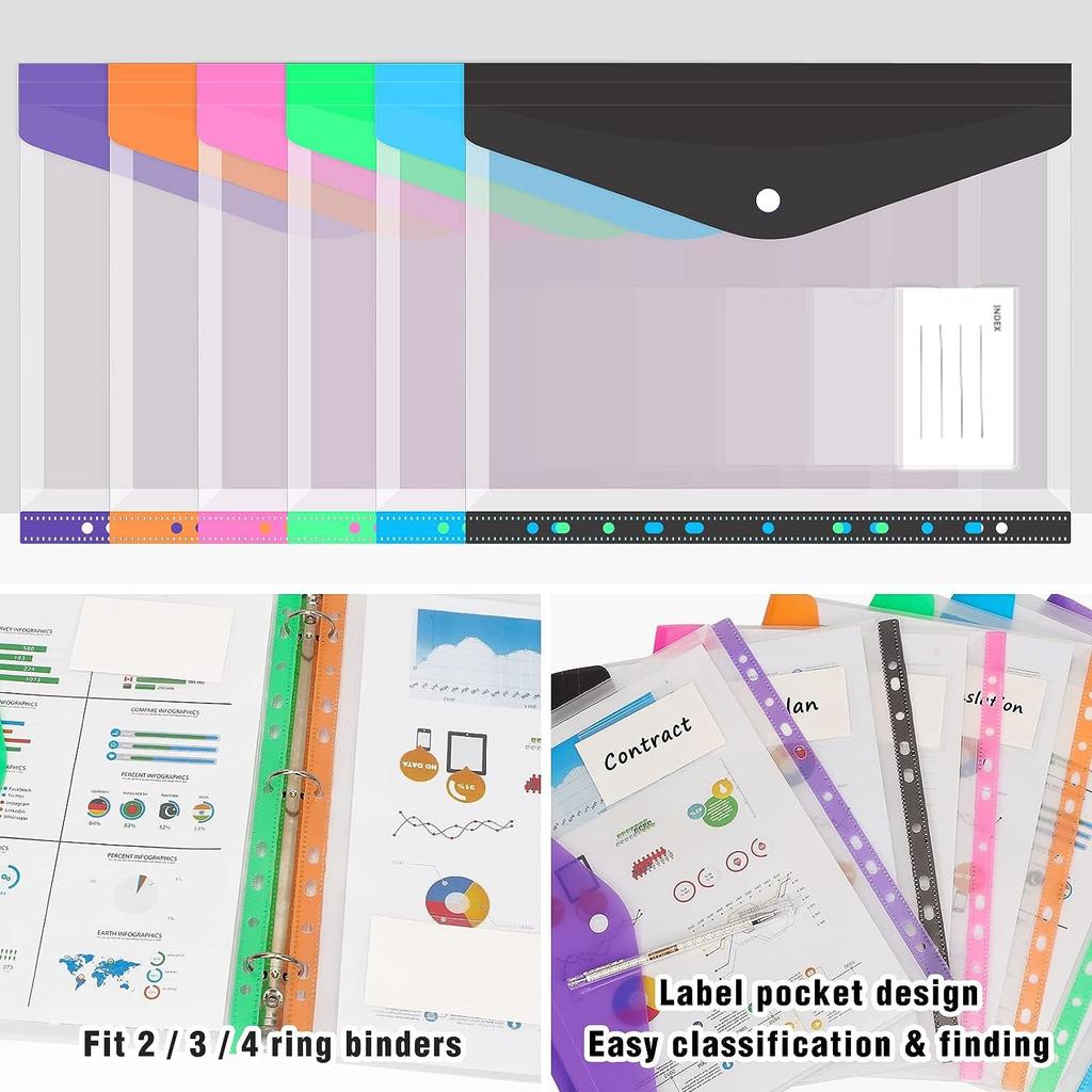 12pcs A4 Binder Pocket Plastic Envelopes Binder Folders, 11 Holes Expandable Binder Folders Document Pouch with Snap Button & Label Loose-Leaf