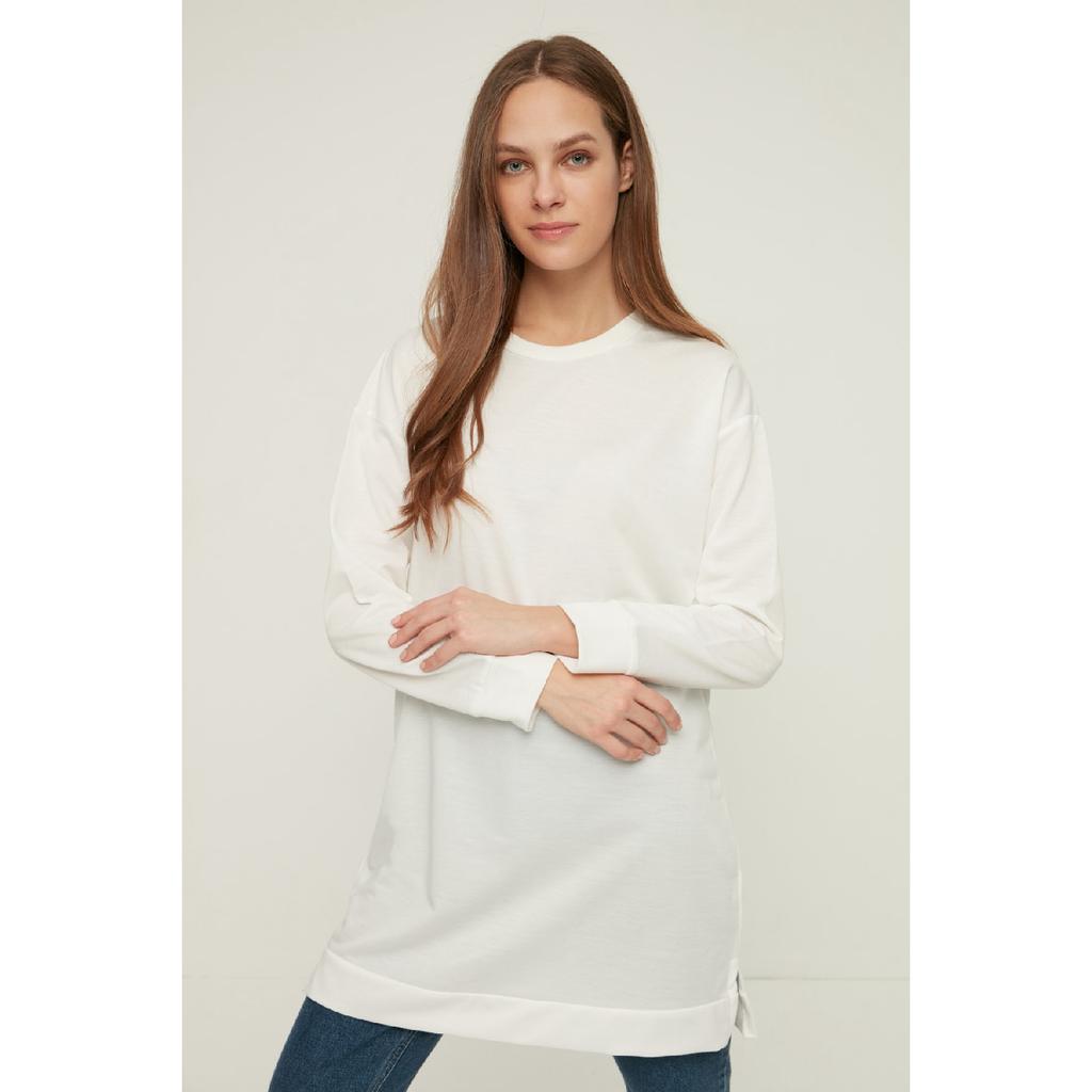 Orangefarbenes Basic-Strick-Sweatshirt mit Schlitz und Rundhalsausschnitt, Tctaw22tw0138