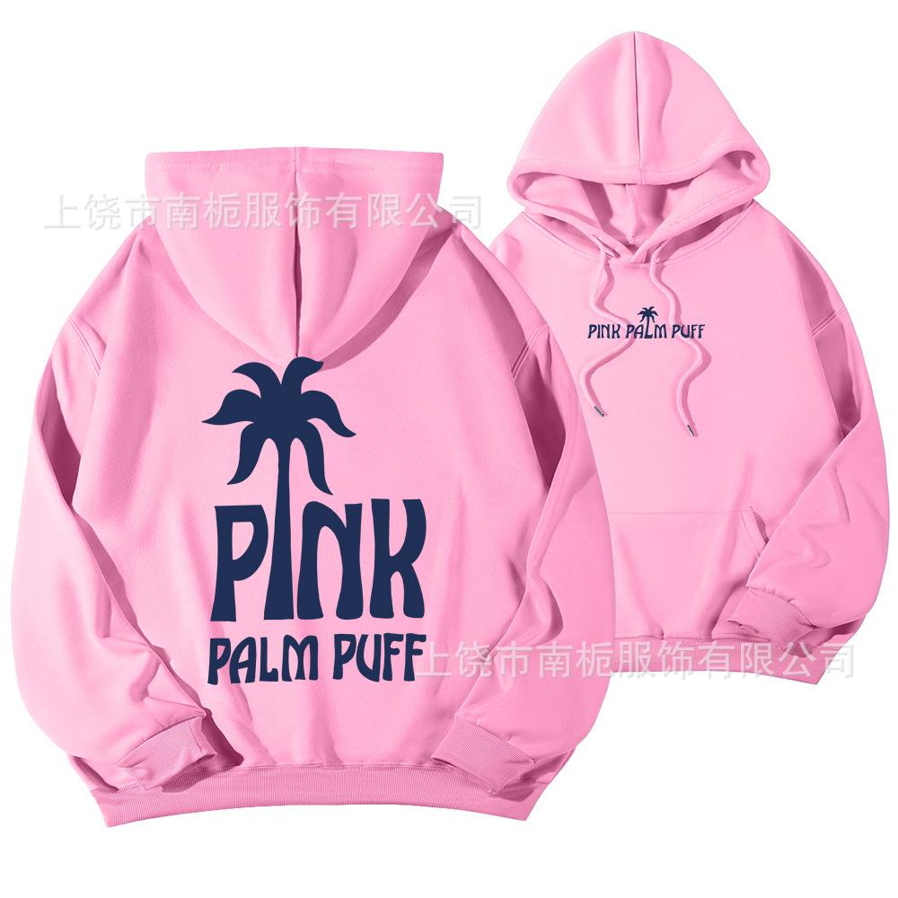 Women's Hooded Long Sleeve Drop Shoulder Pullover Sweatshirt Palm Tree "PINK PALM PUFF" Back Letter Print Casual Hoodie