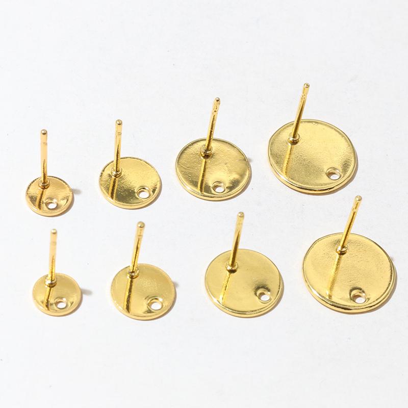 20pcs 6/8/10/12mm 316 Stainless Steel Gold Plated Pin Findings Stud Earring With Hole Connector For DIY Jewelry Making Supplies