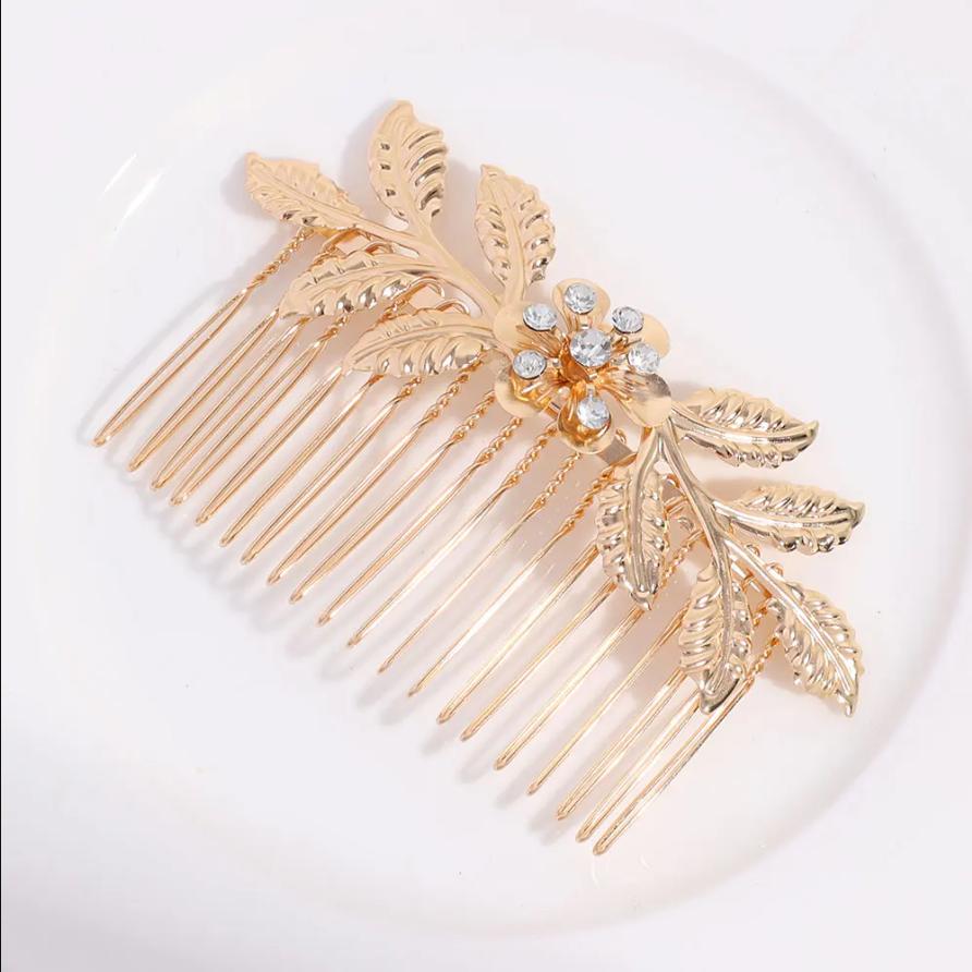 Elegancka ślubna spinka do włosów klamra złoty kolor metalowy liść narzędzia do stylizacji włosów dla kobiet kryształowy grzebień do włosów wsuwka spinka do włosów biżuteria