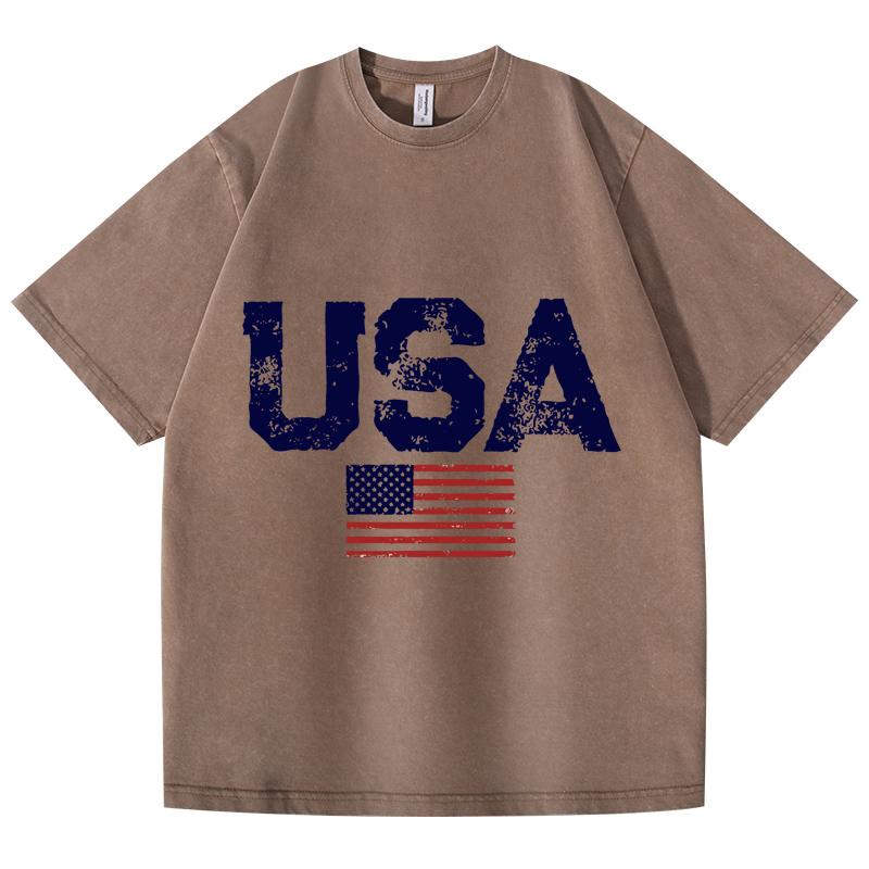 Retro Washed Vintage T-shirt Usa Letters American Flag Stars And Stripes Mens Clothing Loose T-shirt Autumn Pullover T-shirt