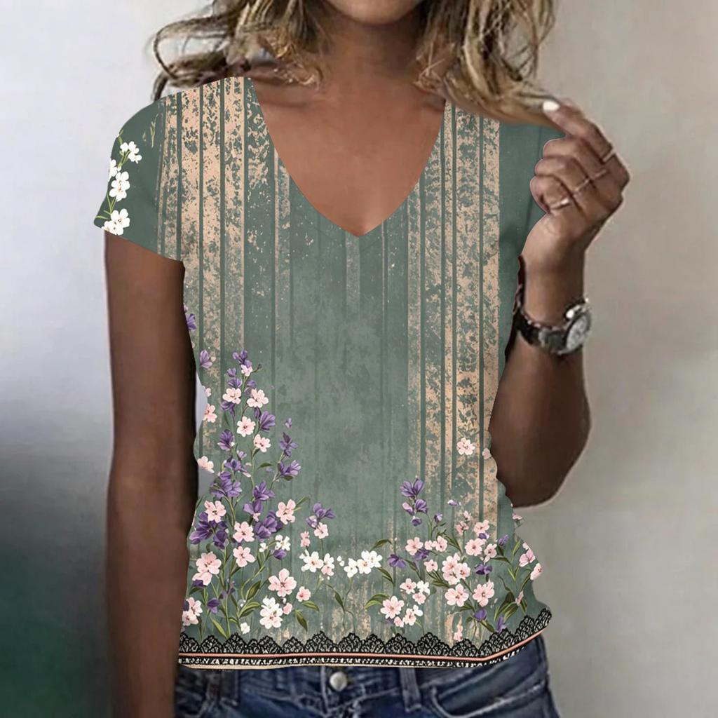 Women’s Casual V Neck Short Sleeve Floral Print T Shirt Top Lightweight Loose Fit Comfortable Style for Everyday Wear