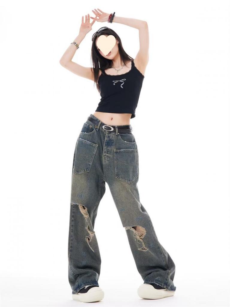 2025 American Retro Autumn Ripped Jeans for Men and Women - Trendy High-End Design with Reversible Wear.
