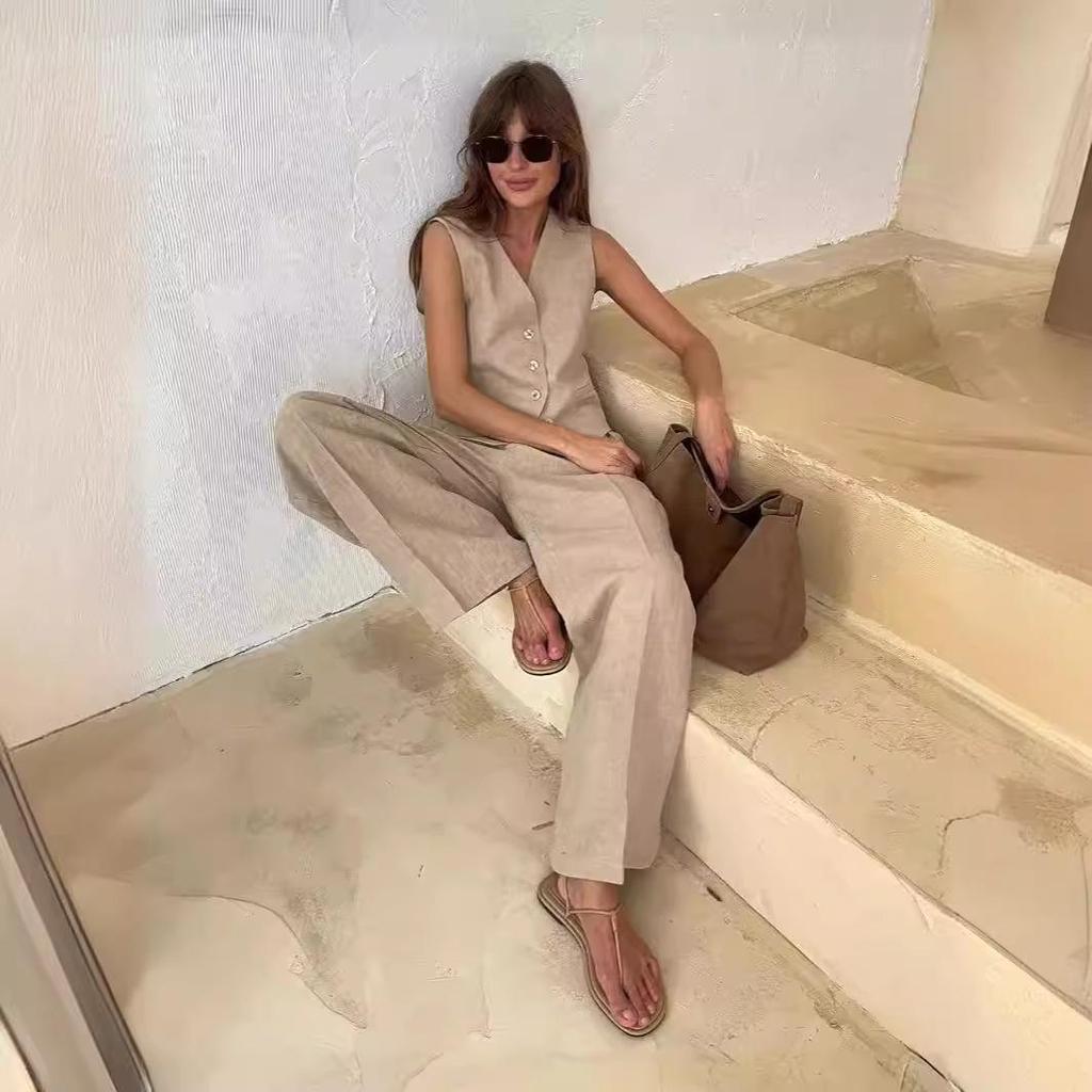 2024 Europejska i Amerykańska Moda Damska Bezrękawnik i Spodnie Casual z Niskim Stanem Zestaw na Wiosnę/Lato