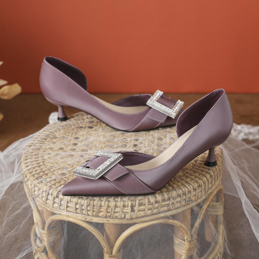 2025 New Single Shoes Women's High-end Sense Pointed Middle Heel Rhinestone Square Buckle Purple Side Empty Za High Heels Spring and Summer Stiletto