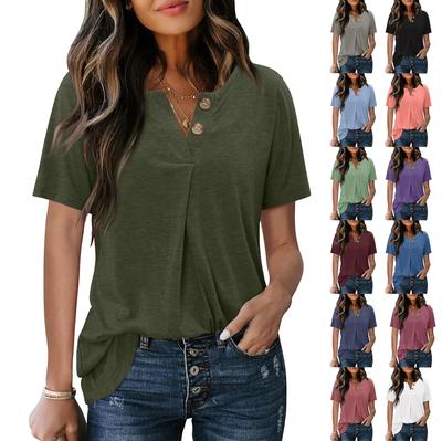 Women's Fashion Casual Short Sleeve Buttoned V-Neck T-Shirt Top