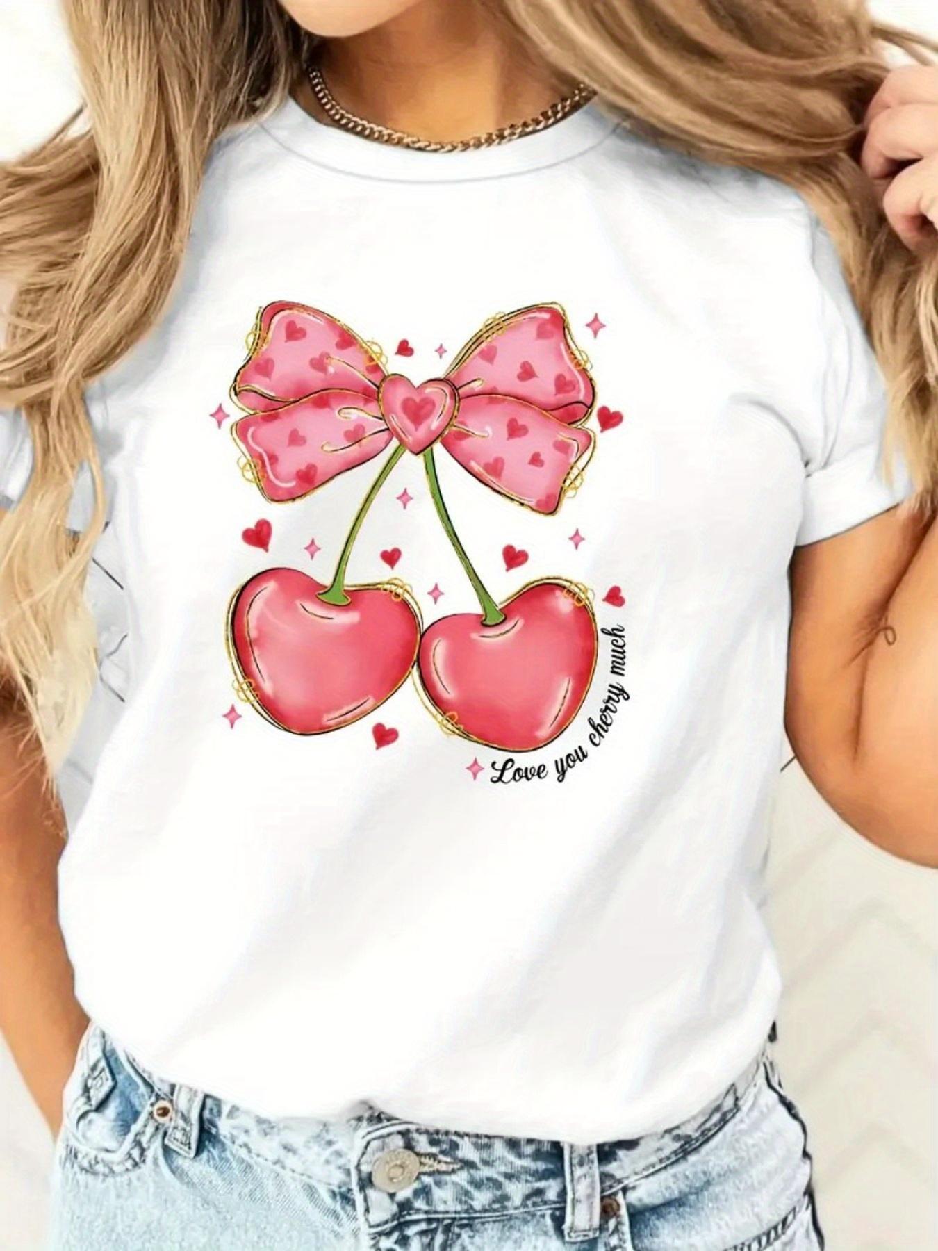 

European size Women s Black Casual Short Sleeve T-Shirt - Relaxed Fit Top with Pink Cherry Heart Geometric Print S белый